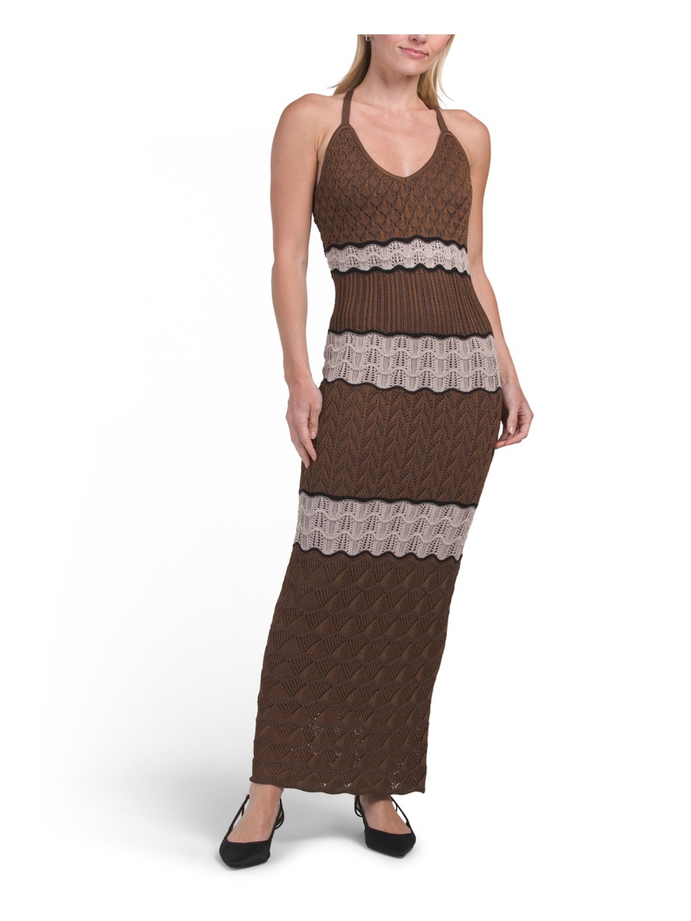 Torn by Ronny Kobo Brown Crochet Maxi Dress with Cream Panels M NWT